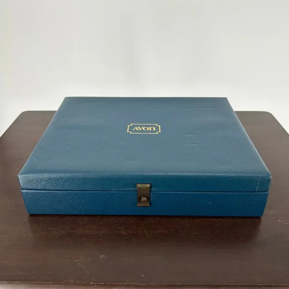 Vintage Avon Faux Leather Jewelry Box Blue Green Teal Hinged Storage Case Velvet